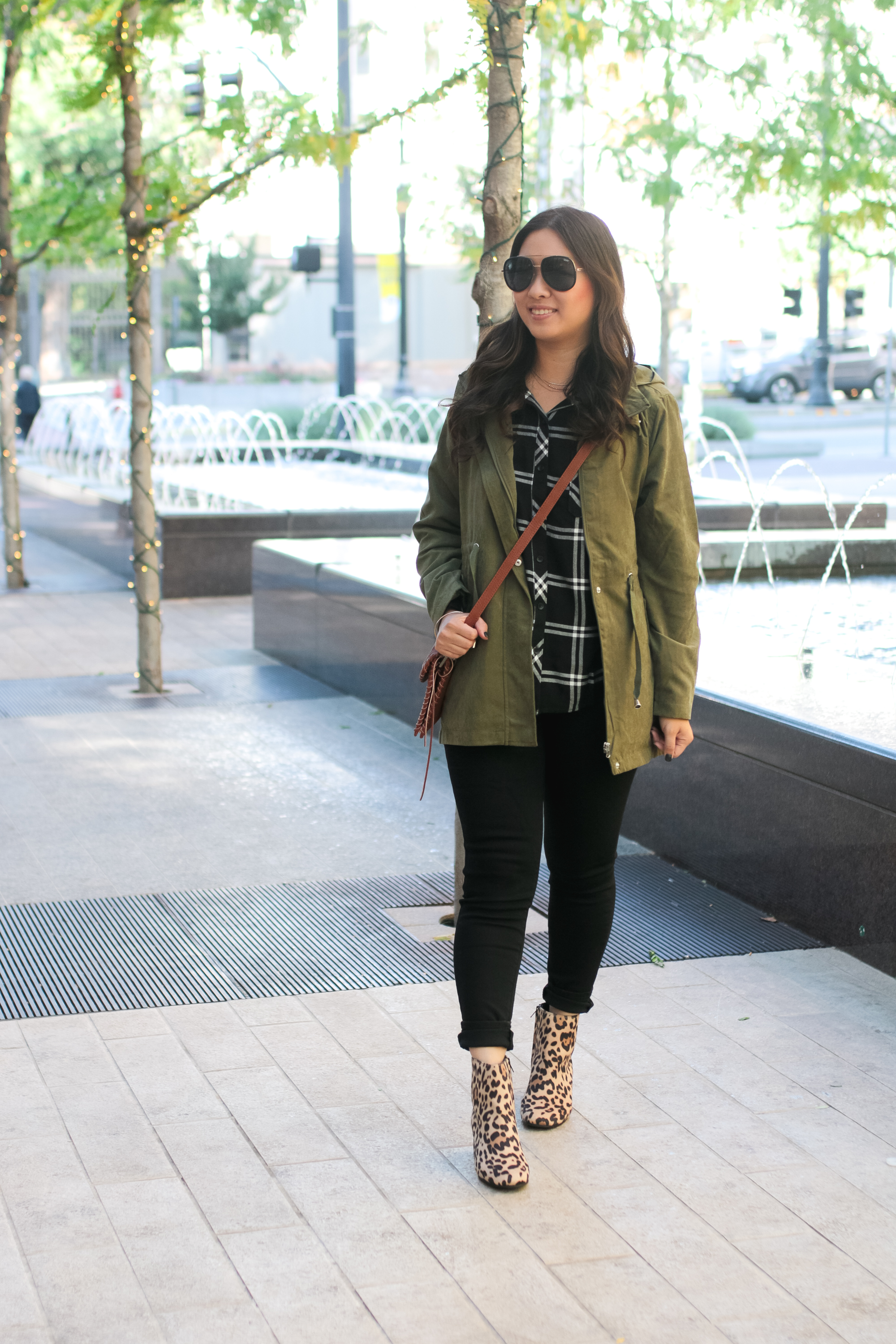 Leopard Boots + Black Jeans + Black Plaid top + Olive Jacket