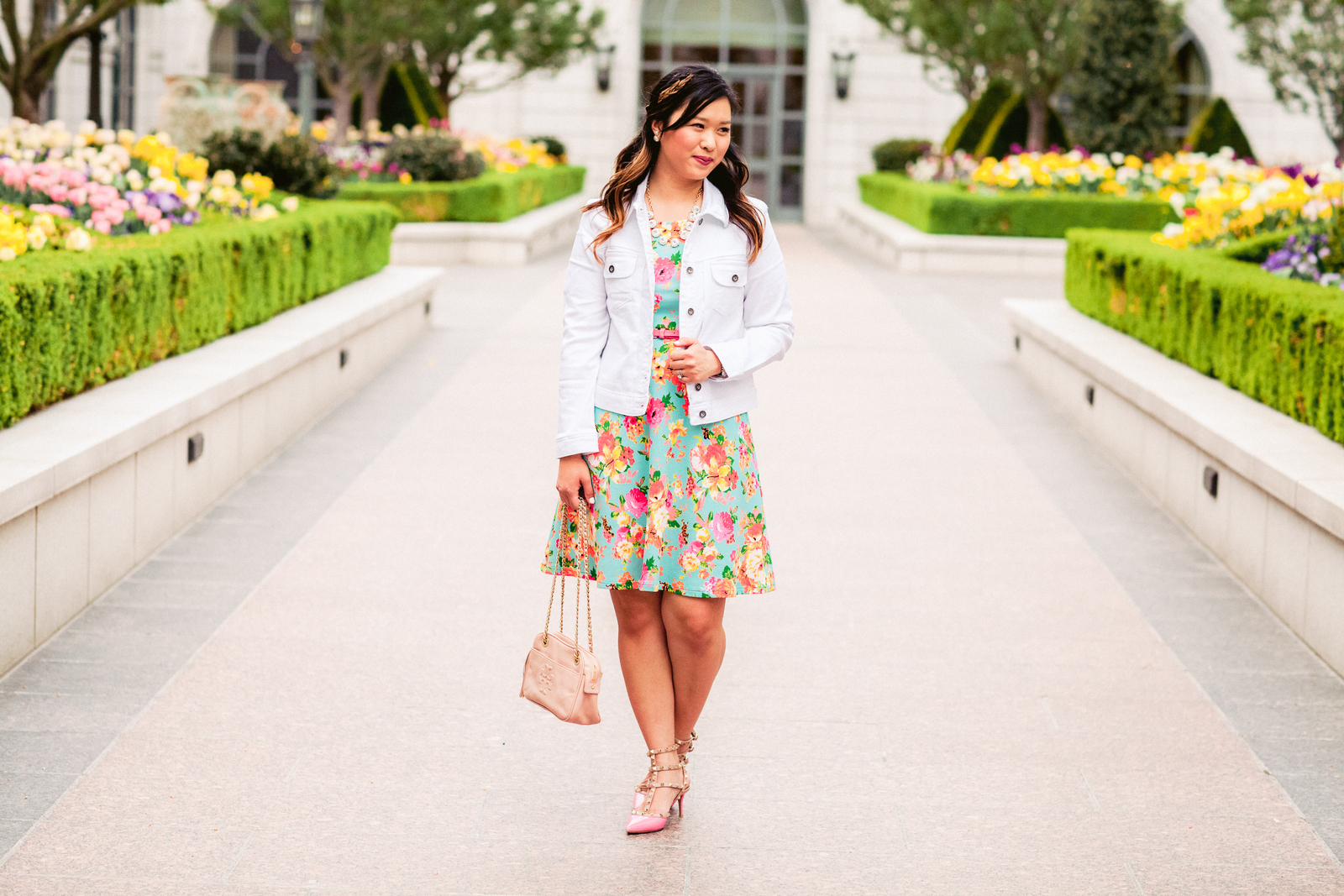 Floral Dress With White Denim Jacket Sandyalamode