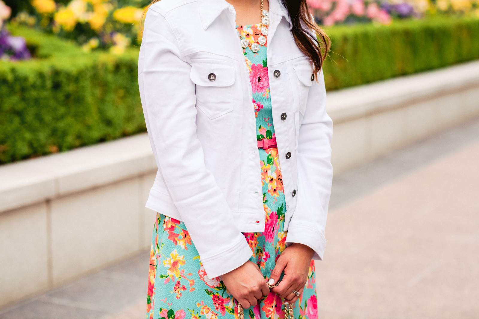 denim jacket and floral dress