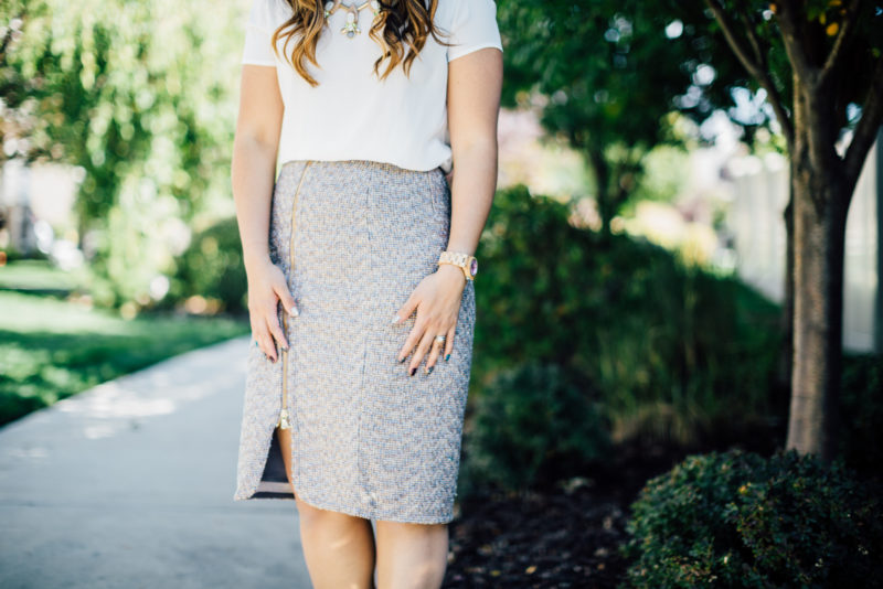 Fashion blogger wearing J.Crew tweed skirt