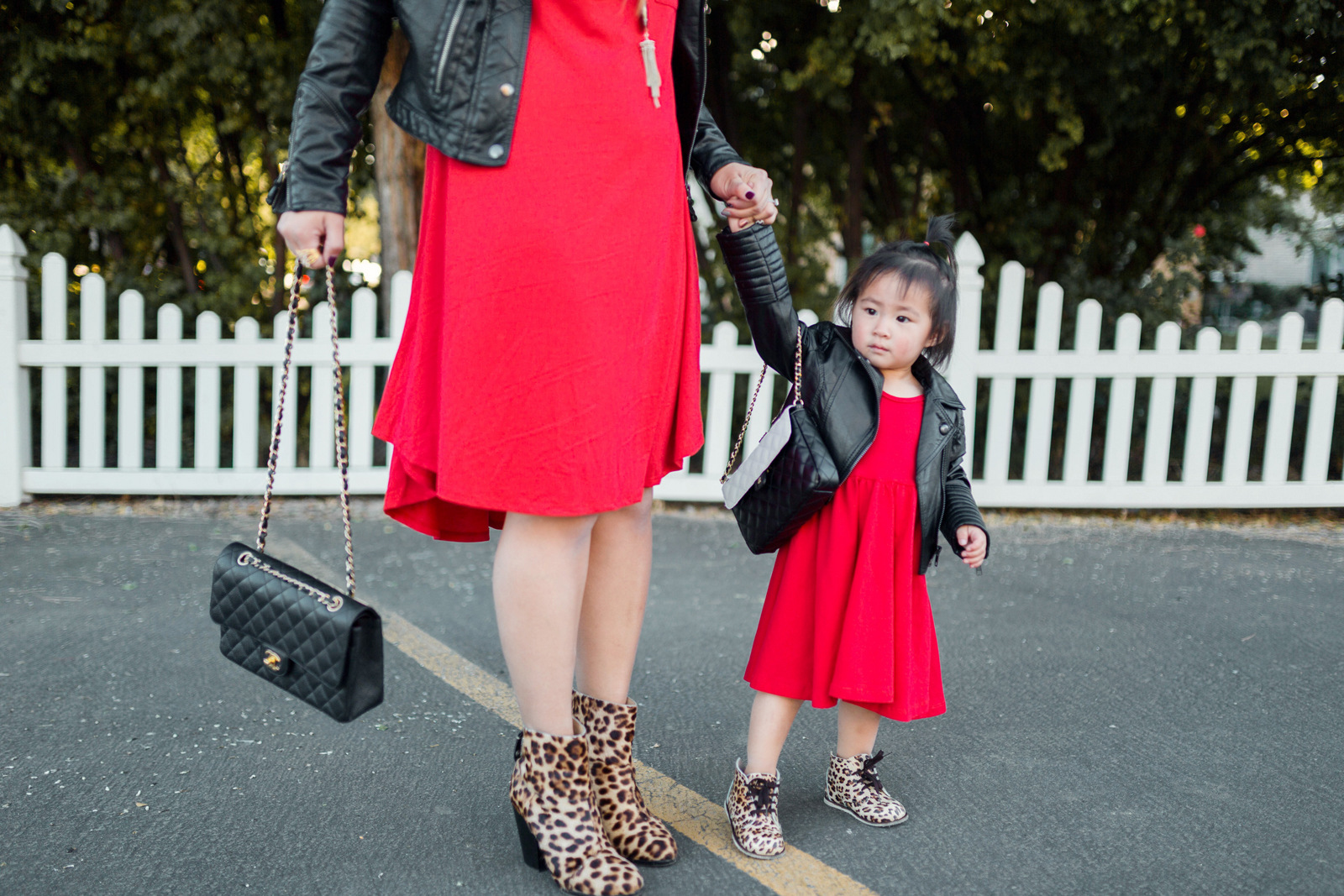 Mommy and Me outfits: red, leather and leopard print