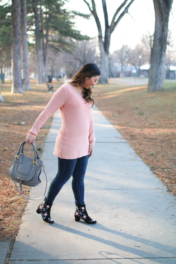 How to wear floral booties and a lace up sweater
