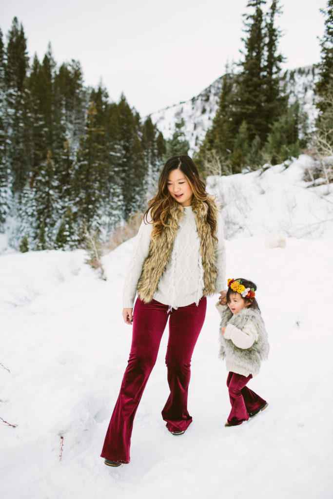 Mommy and me outfits velvet pants and fur vests