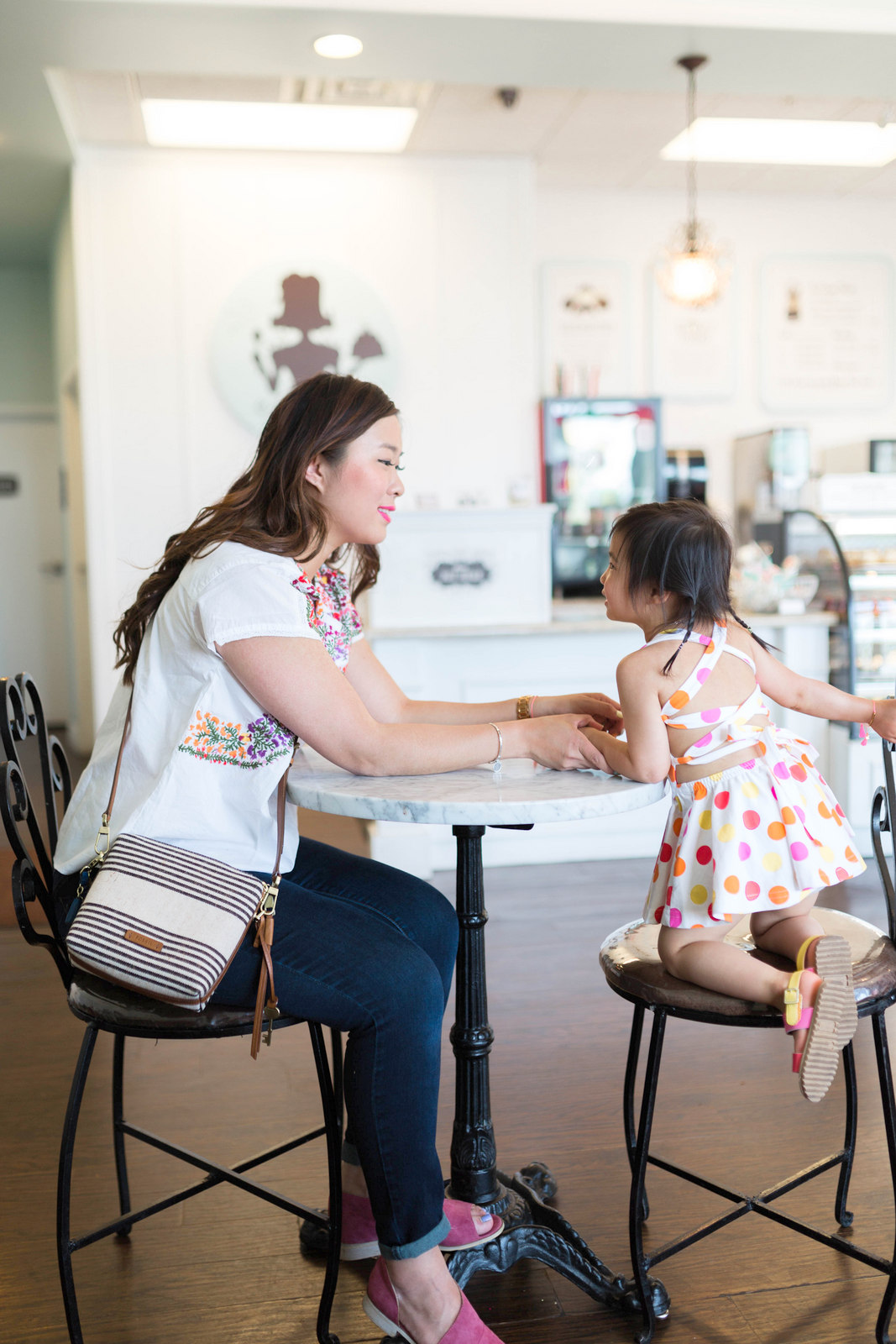 Mommy and Me Outfits: Colorful Floral Top and Polka Dots by fashion blogger Sandy A La Mode