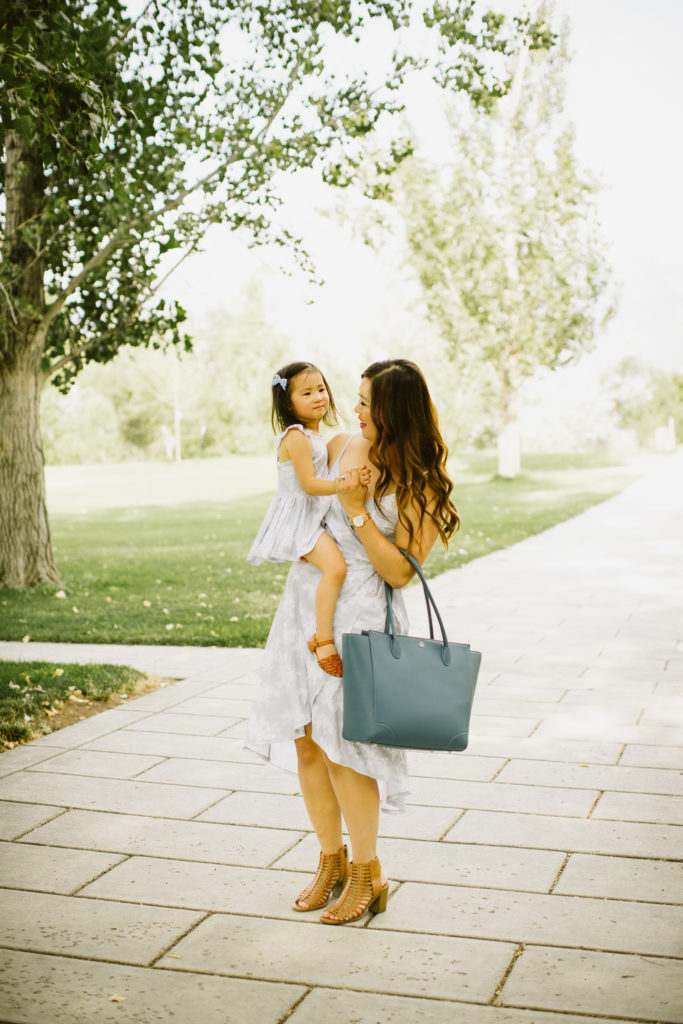 Mommy and Me Outfits: Grey Floral Dresses by Utah fashion blogger Sandy A La Mode