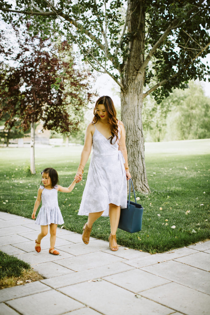 Mommy and Me Outfits: Grey Floral Dresses by Utah fashion blogger Sandy A La Mode