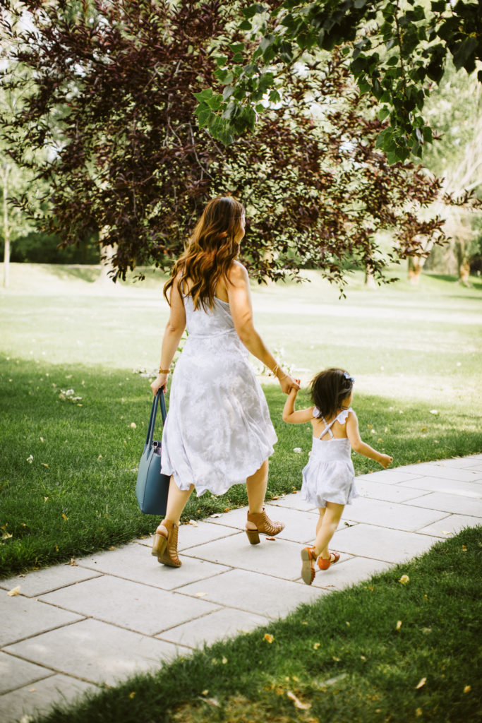 Mommy and Me Outfits: Grey Floral Dresses by Utah fashion blogger Sandy A La Mode