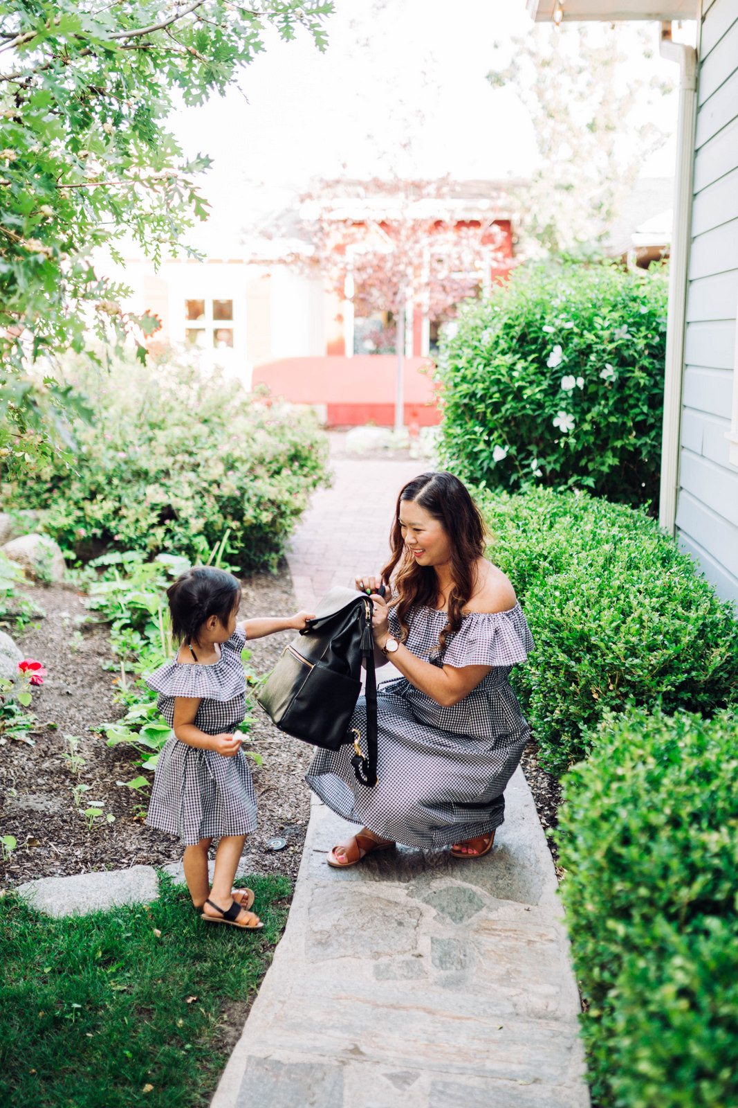 Mommy and Me Outfits: Off The Shoulder Gingham Dresses by Utah fashion blogger Sandy A La Mode