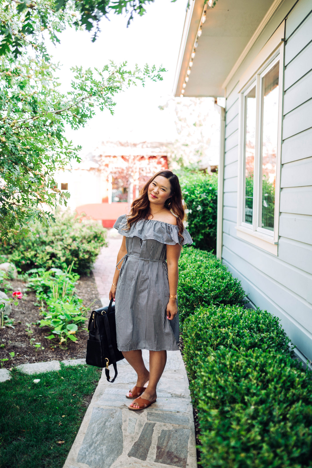 Mommy and Me Outfits: Off The Shoulder Gingham Dresses by Utah fashion blogger Sandy A La Mode