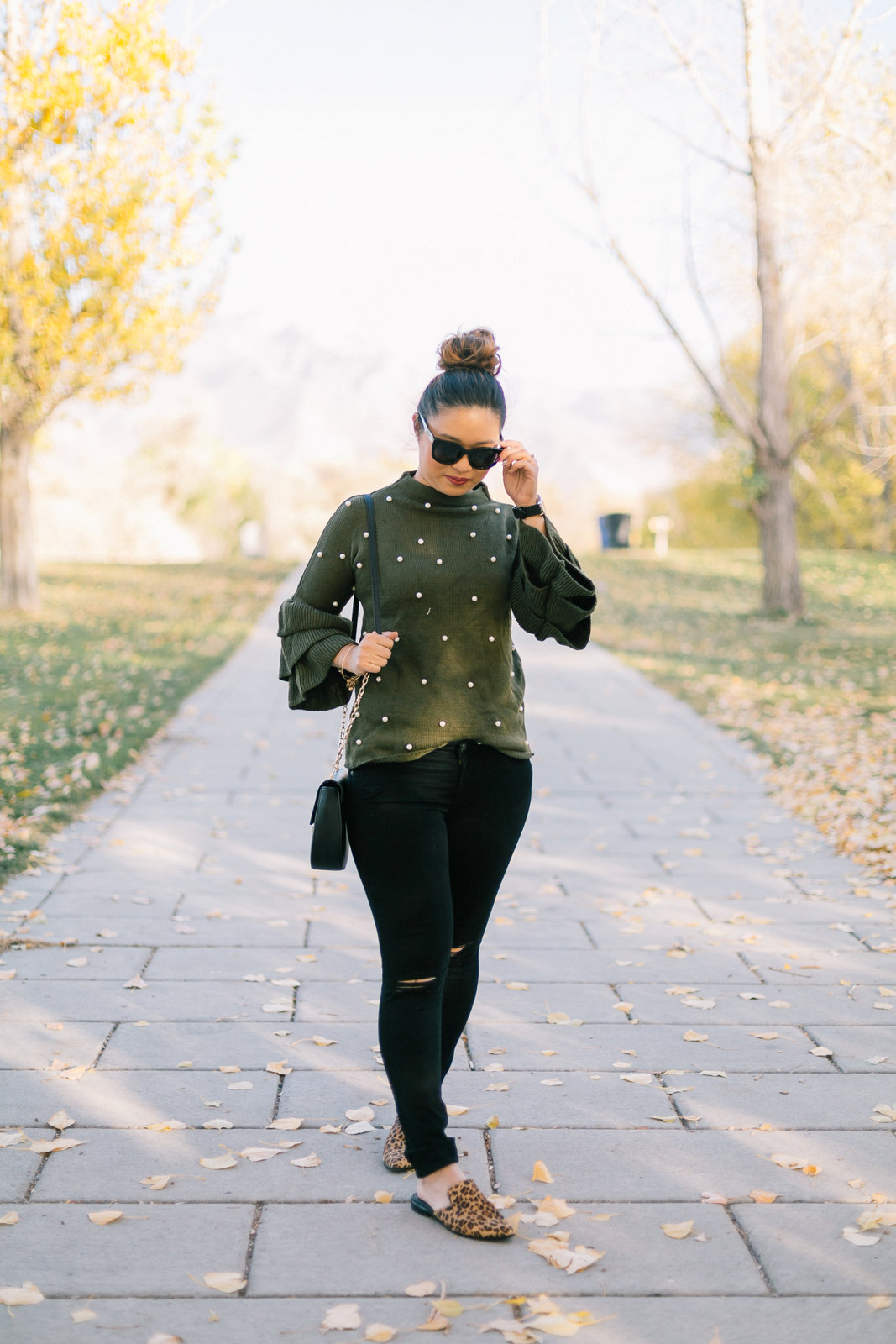 Pearl Embellished Sweater and Leopard Shoes by Utah fashion blogger Sandy A La Mode