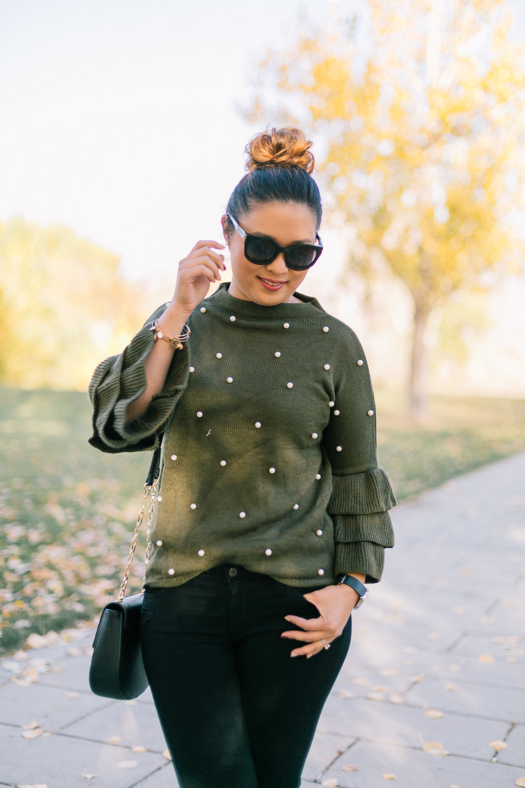 Pearl Embellished Sweater and Leopard Shoes by Utah fashion blogger Sandy A La Mode