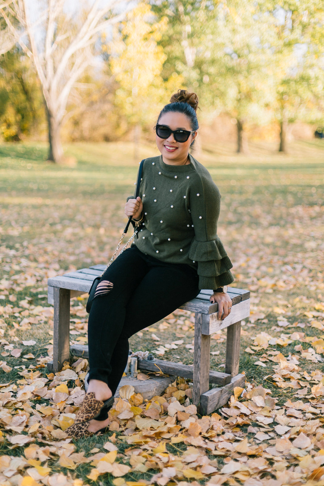 Pearl Embellished Sweater and Leopard Shoes by Utah fashion blogger Sandy A La Mode