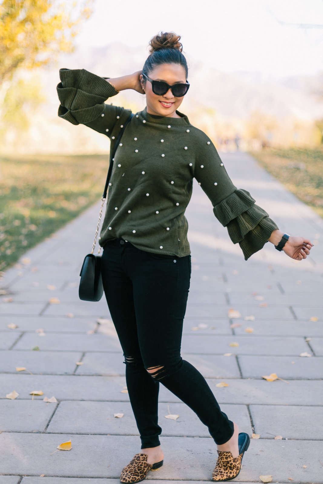 Pearl Embellished Sweater and Leopard Shoes by Utah fashion blogger Sandy A La Mode