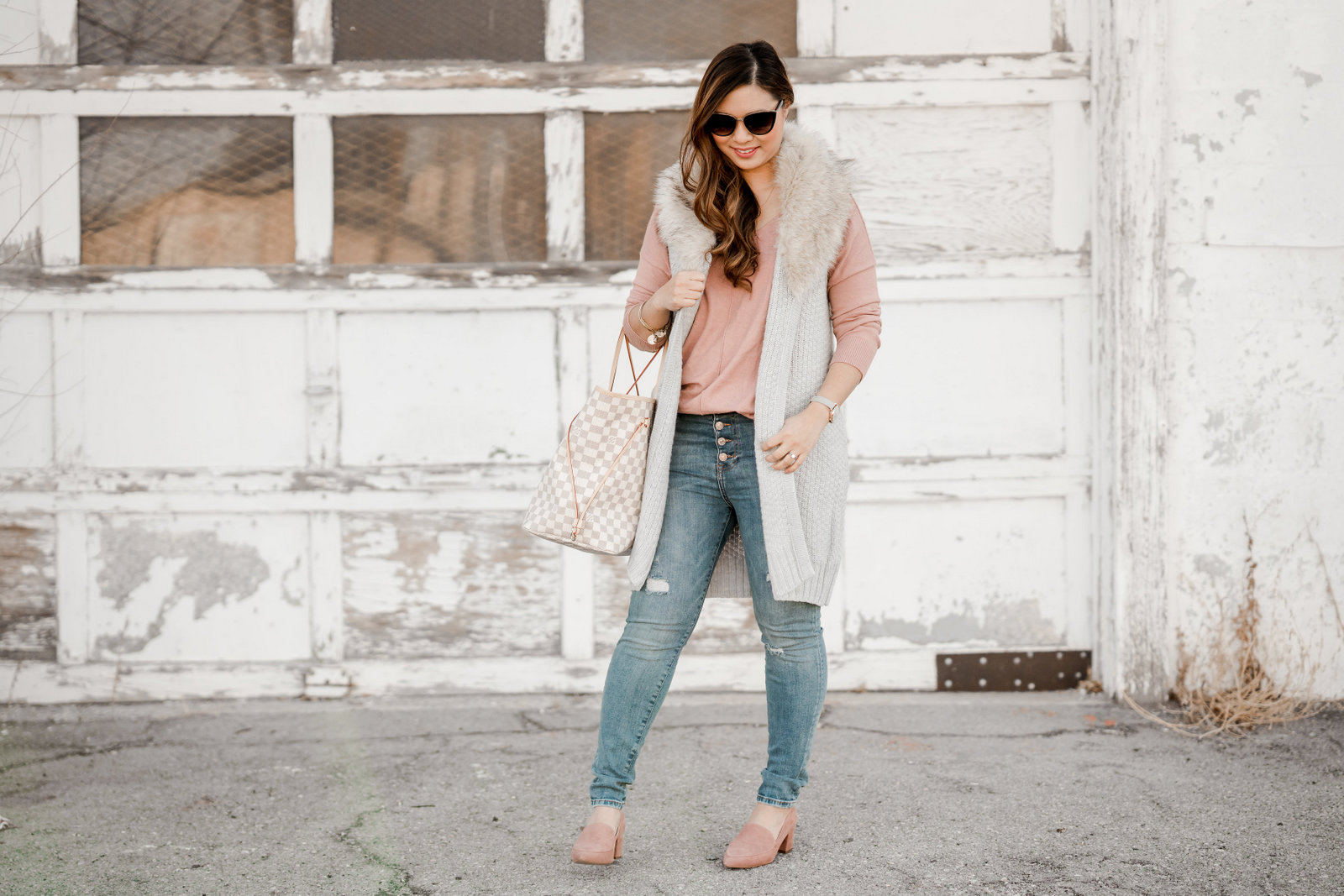Faux Fur Collar Vest + Button Fly Jeans by Utah fashion blogger Sandy A La Mode