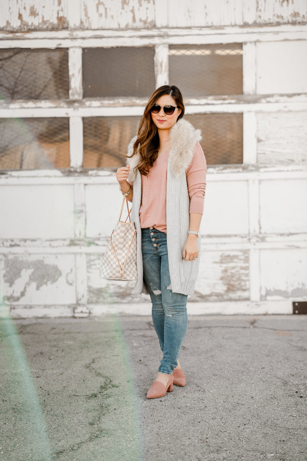 Faux Fur Collar Vest + Button Fly Jeans by Utah fashion blogger Sandy A La Mode