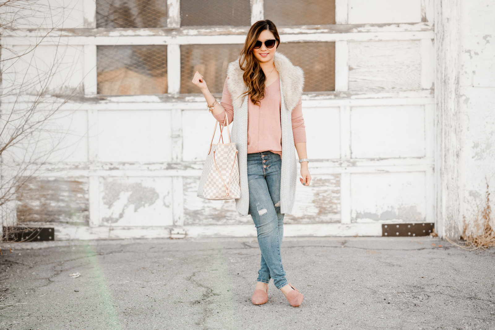 Faux Fur Collar Vest + Button Fly Jeans by Utah fashion blogger Sandy A La Mode