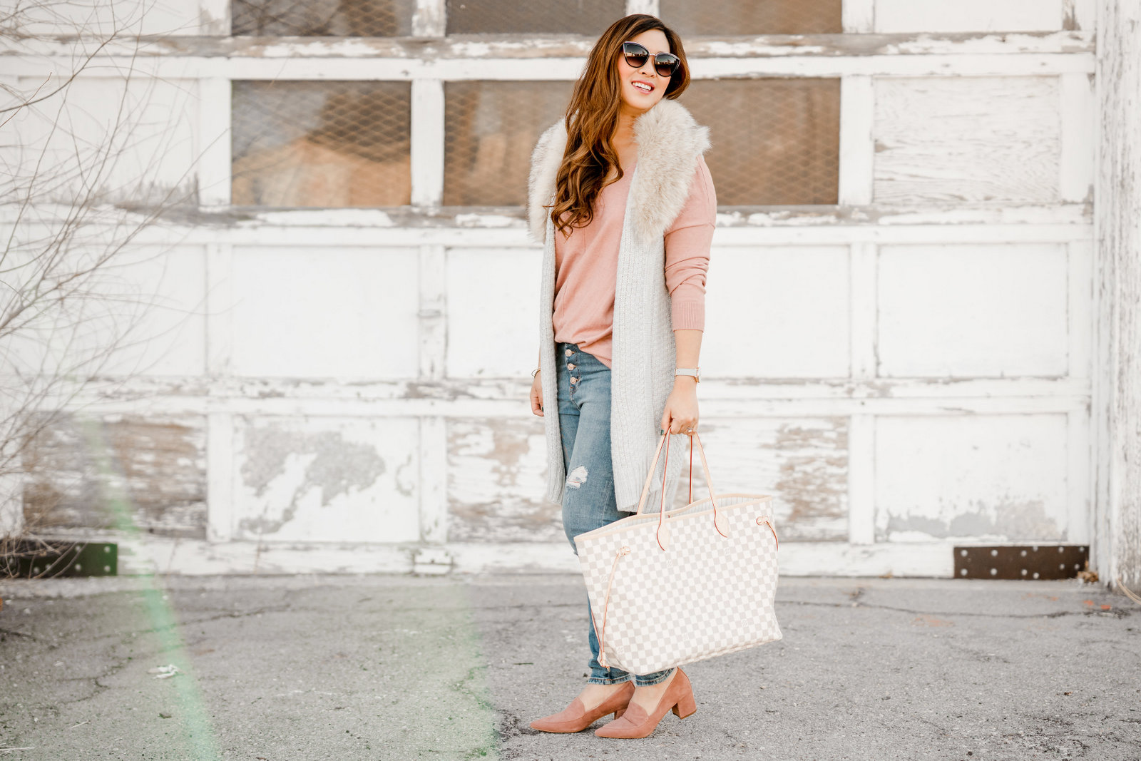 Faux Fur Collar Vest + Button Fly Jeans by Utah fashion blogger Sandy A La Mode