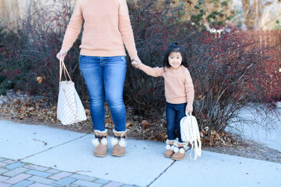Mommy and Me Outfit: Cold Shoulder Tops + Pom Pom UGGs
