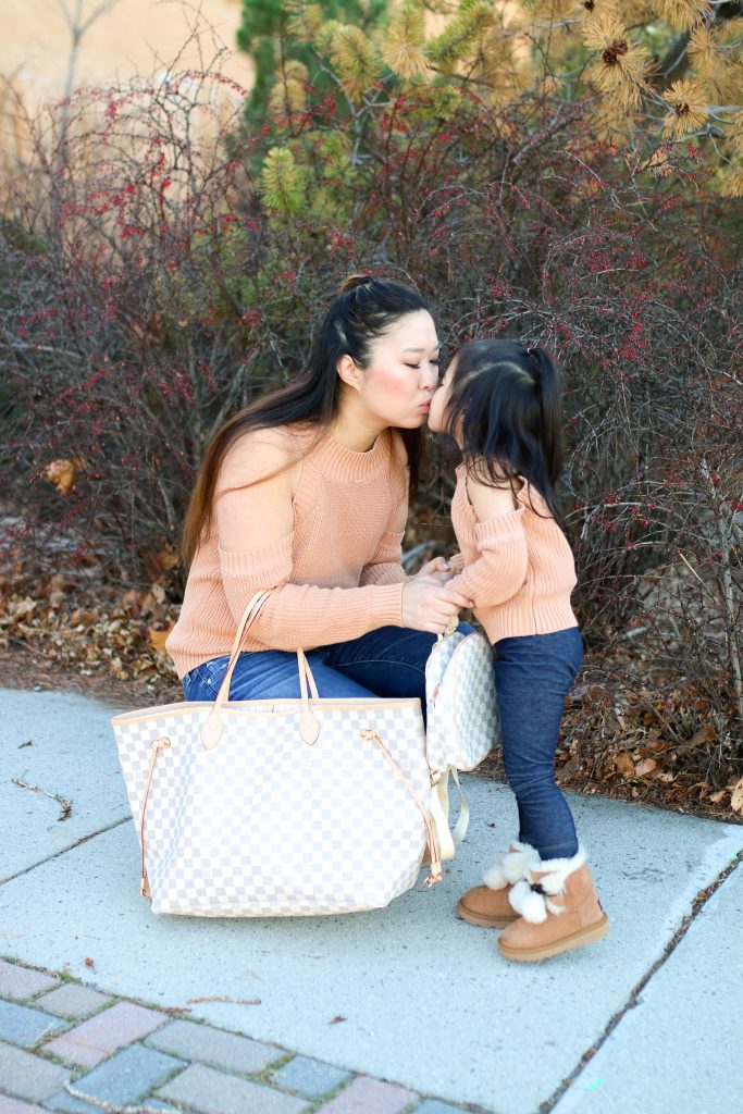Mommy and Me Outfit: Cold Shoulder Tops + Pom Pom UGGs by popular Utah style blogger Sandy A La Mode