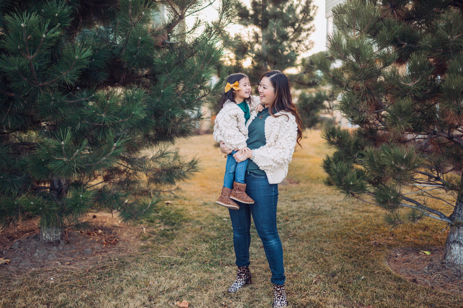 Mommy and Me Outfit: Pom Pom Cardigan and Leopard Boots by popular Utah style blogger Sandy A La Mode