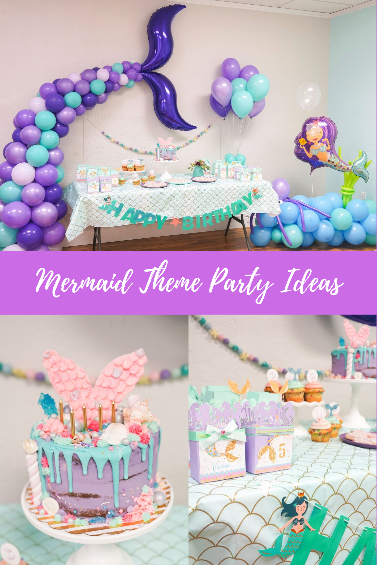 Mermaid Theme Birthday Decorations - Mermaid Party Decorations Supplies  Include Mermaid Balloons Garland Kit, Mermaid Birthday Backdrop,  Tablecloth